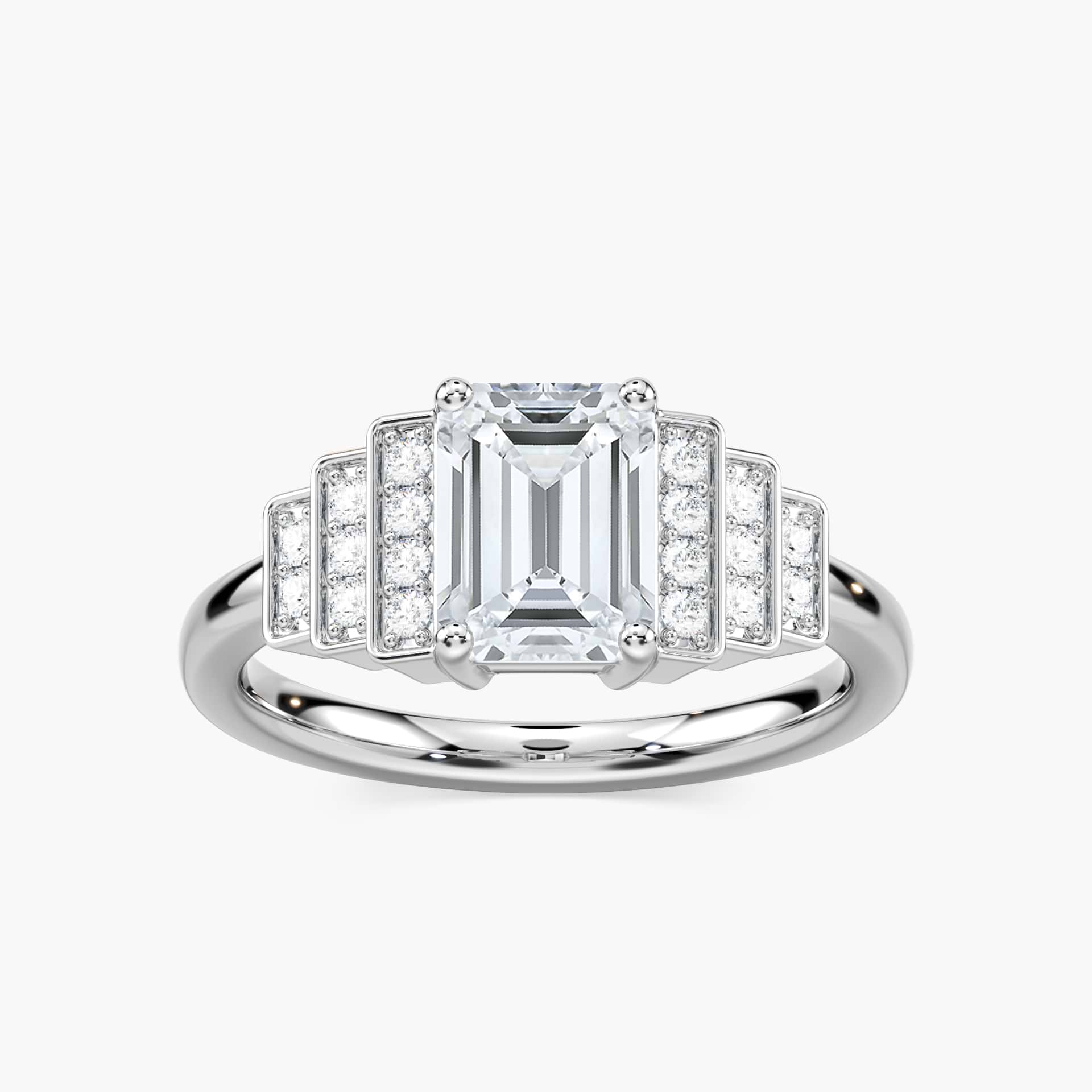 Vivienne Antique Engagement Ring shown with a 1.0ct emerald Lab Grown Gemstone in recycled 14K white gold | Vivienne Antique Engagement Ring emerald Lab Grown Gemstone recycled 14K white gold