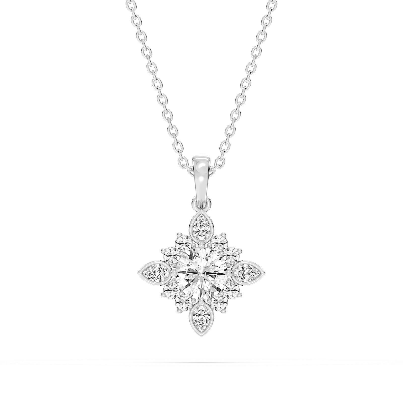 1 ctw Round and Pear Lab Grown Diamond Floral Halo Pendant - 16 to 18 Inches