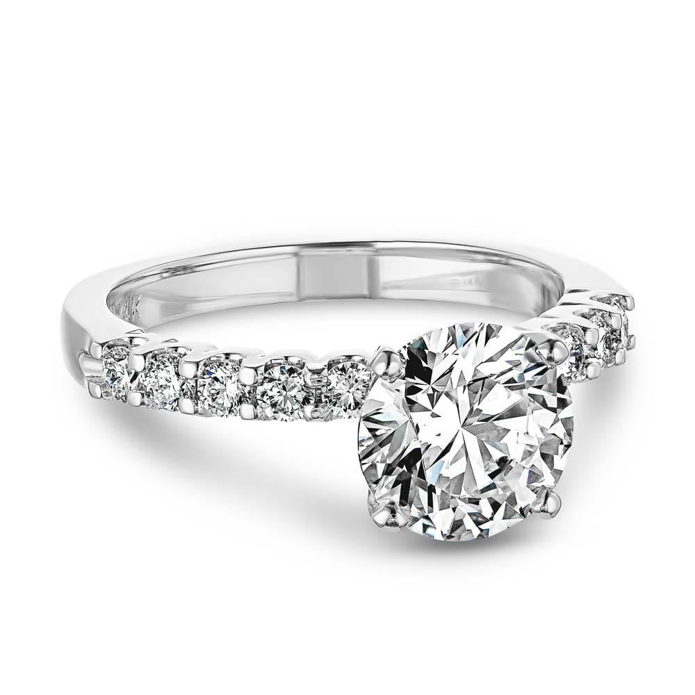Shown In 14K White Gold With A Round Cut Center Stone|diamond accented ring with a round cut lab grown diamond center stone