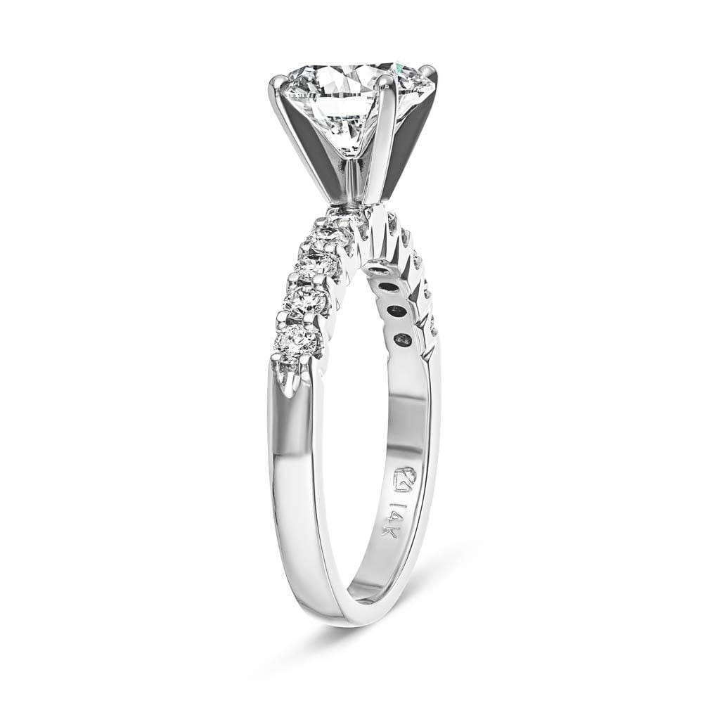 Shown In 14K White Gold With A Round Cut Center Stone|diamond accented ring with a round cut lab grown diamond center stone