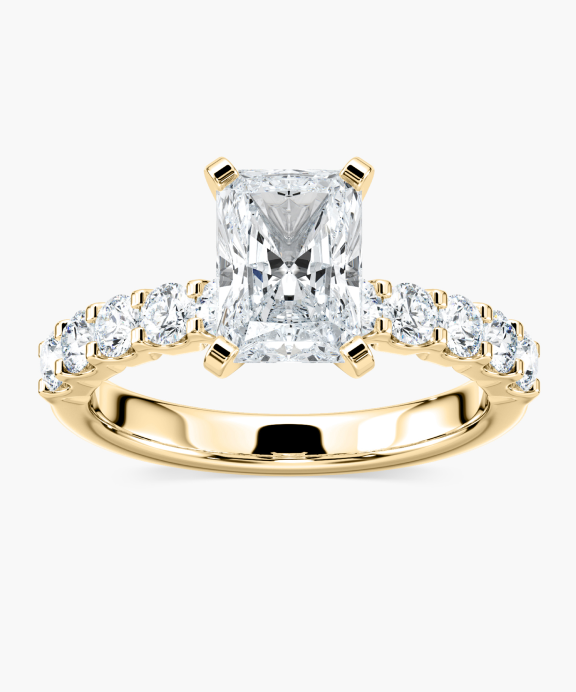 10 Stone Accented Engagement Ring in Yellow Gold Set with a Radiant Cut Lab grown Diamond
