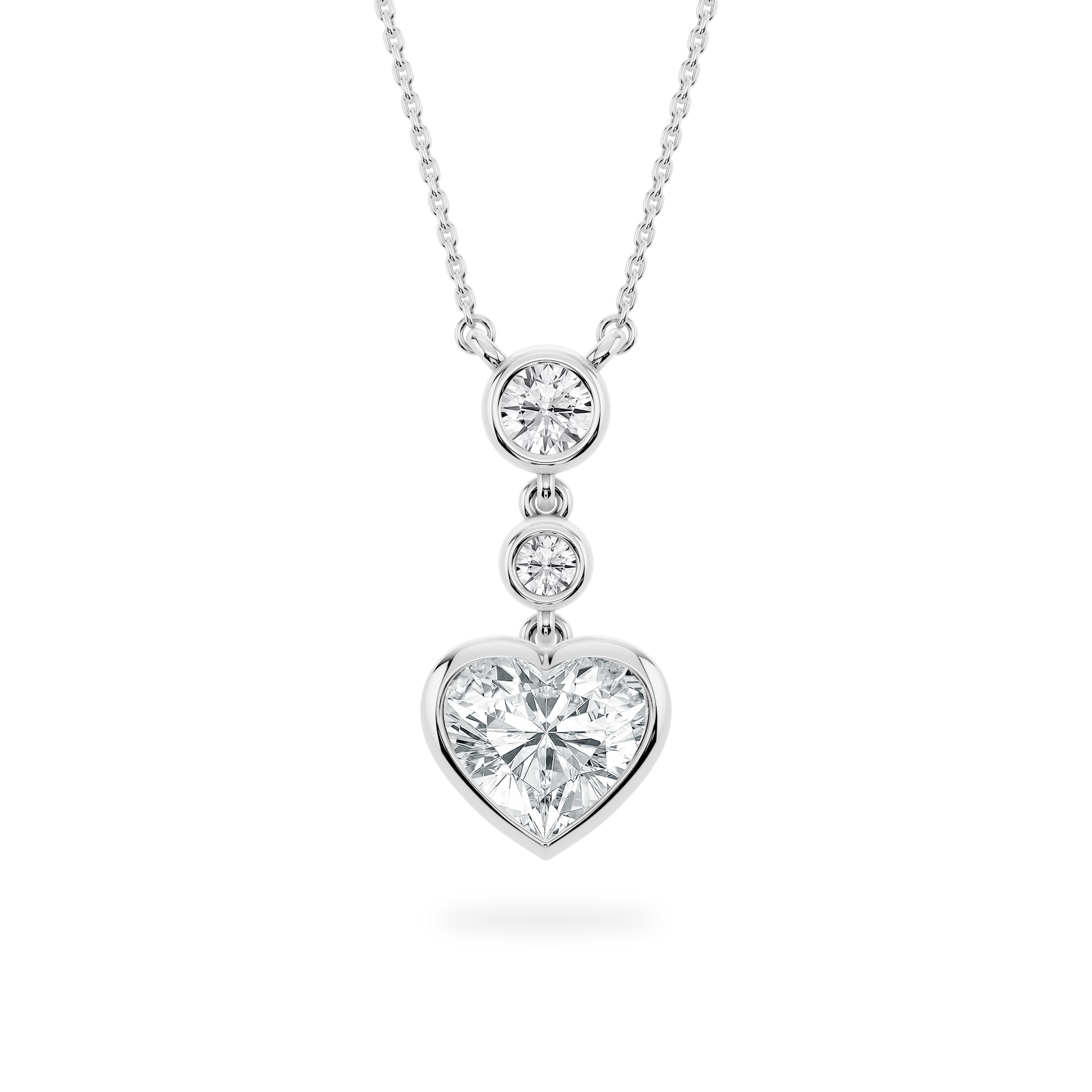 2 ¹⁄₄ ctw Heart and Round Lab Grown Diamond Bezel Set Three Stone Pendant – 16 to 18 Inches