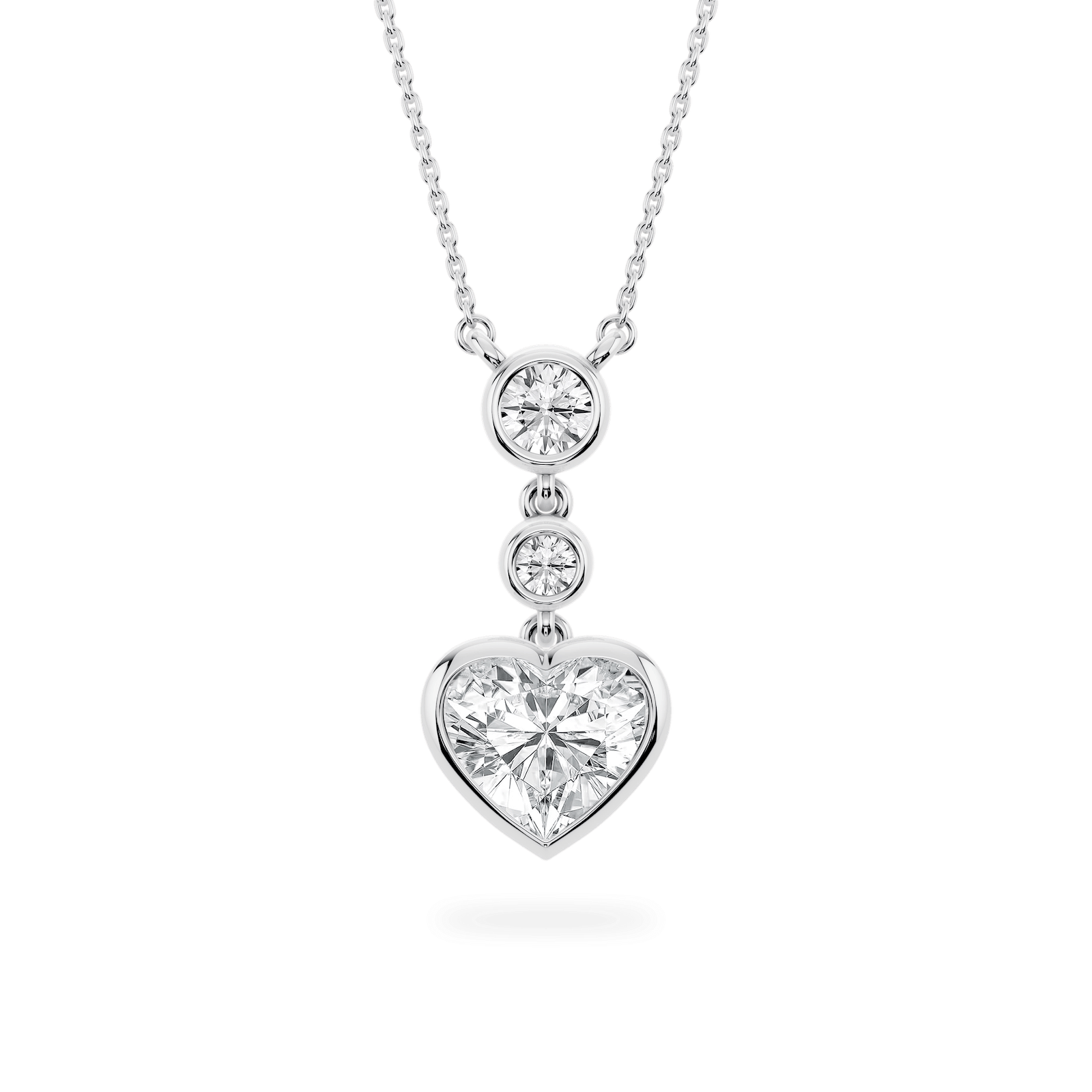 2 ¹⁄₄ ctw Heart and Round Lab Grown Diamond Bezel Set Three Stone Pendant – 16 to 18 Inches