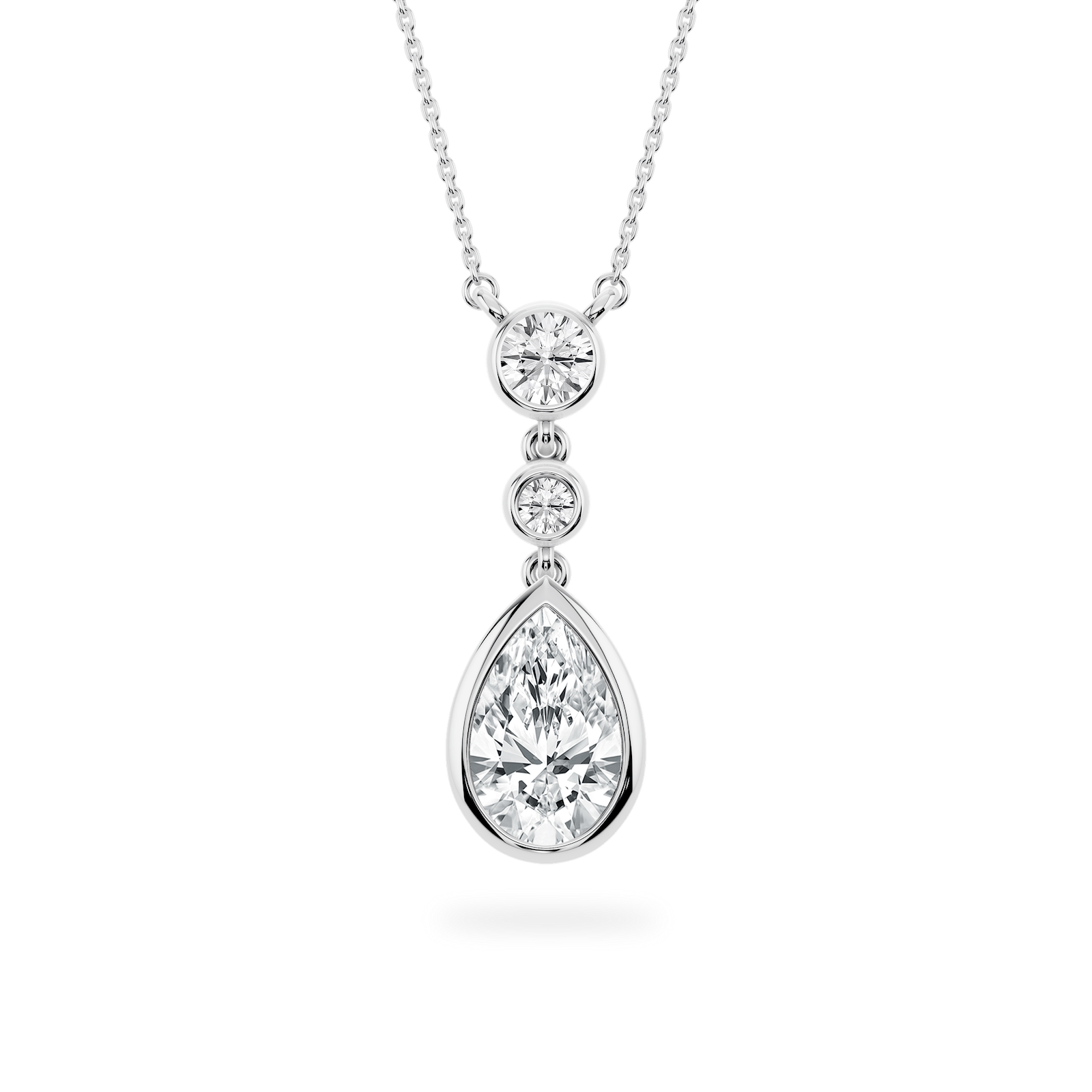 2 ¼ ctw Pear and Round Lab-Grown Diamond Bezel Set Three Stone Pendant – 16–18 inches