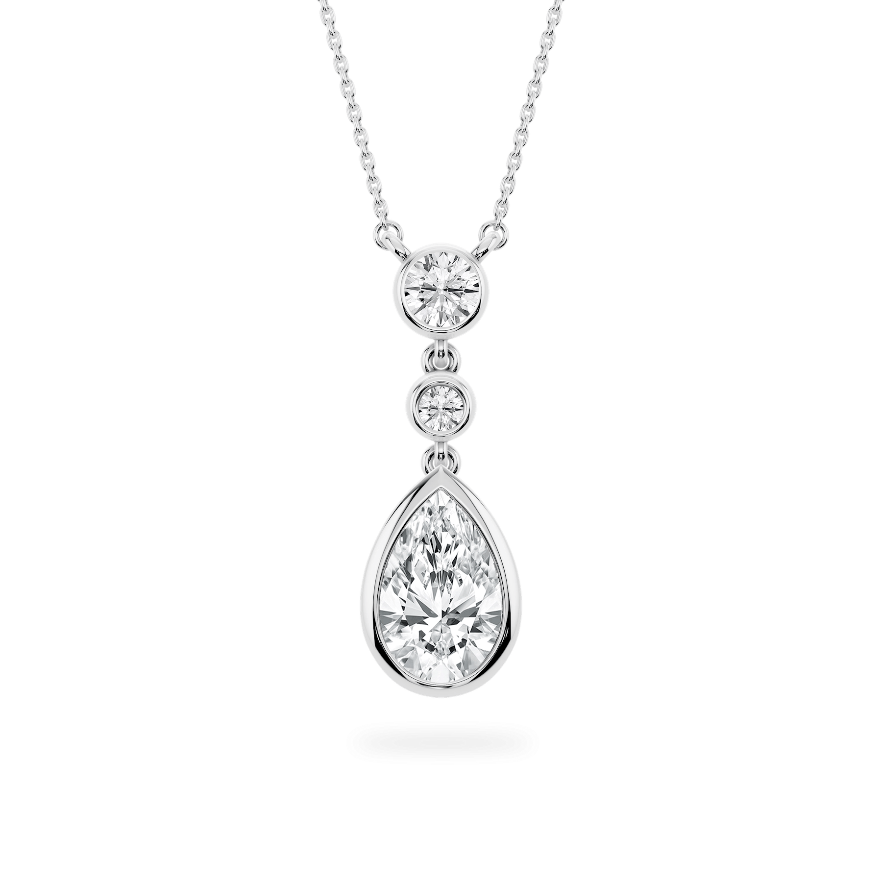 2 ¼ ctw Pear and Round Lab-Grown Diamond Bezel Set Three Stone Pendant – 16–18 inches