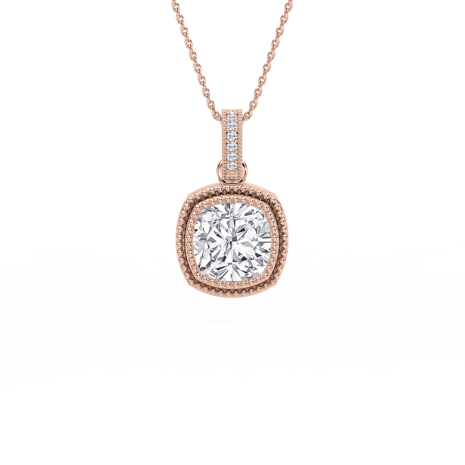 4 ctw Cushion Lab Grown Diamond Vintage Milgrain Accented Pendant - 16-18 Inches