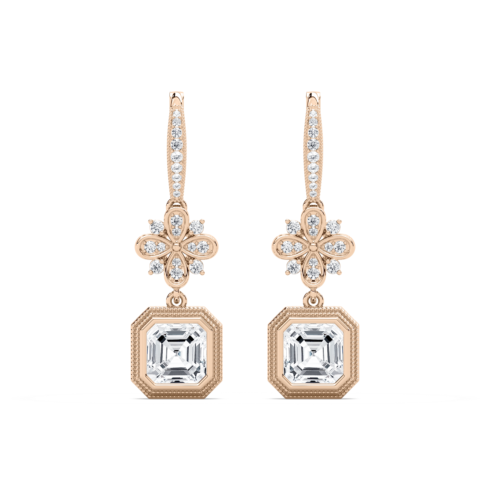 6 ²⁄₅ ctw Asscher and Round Lab Grown Diamond Vintage Floral Drop Earrings – Signature Collection