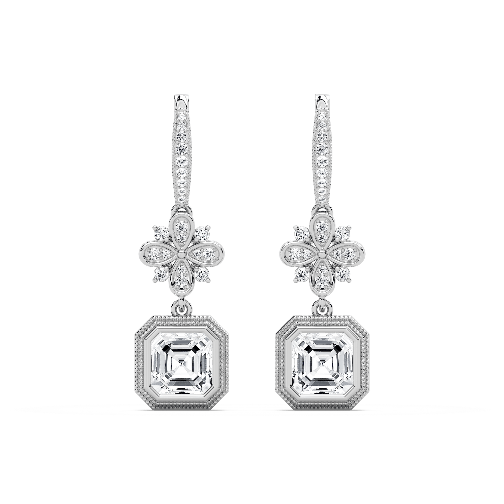 6 ²⁄₅ ctw Asscher and Round Lab Grown Diamond Vintage Floral Drop Earrings – Signature Collection