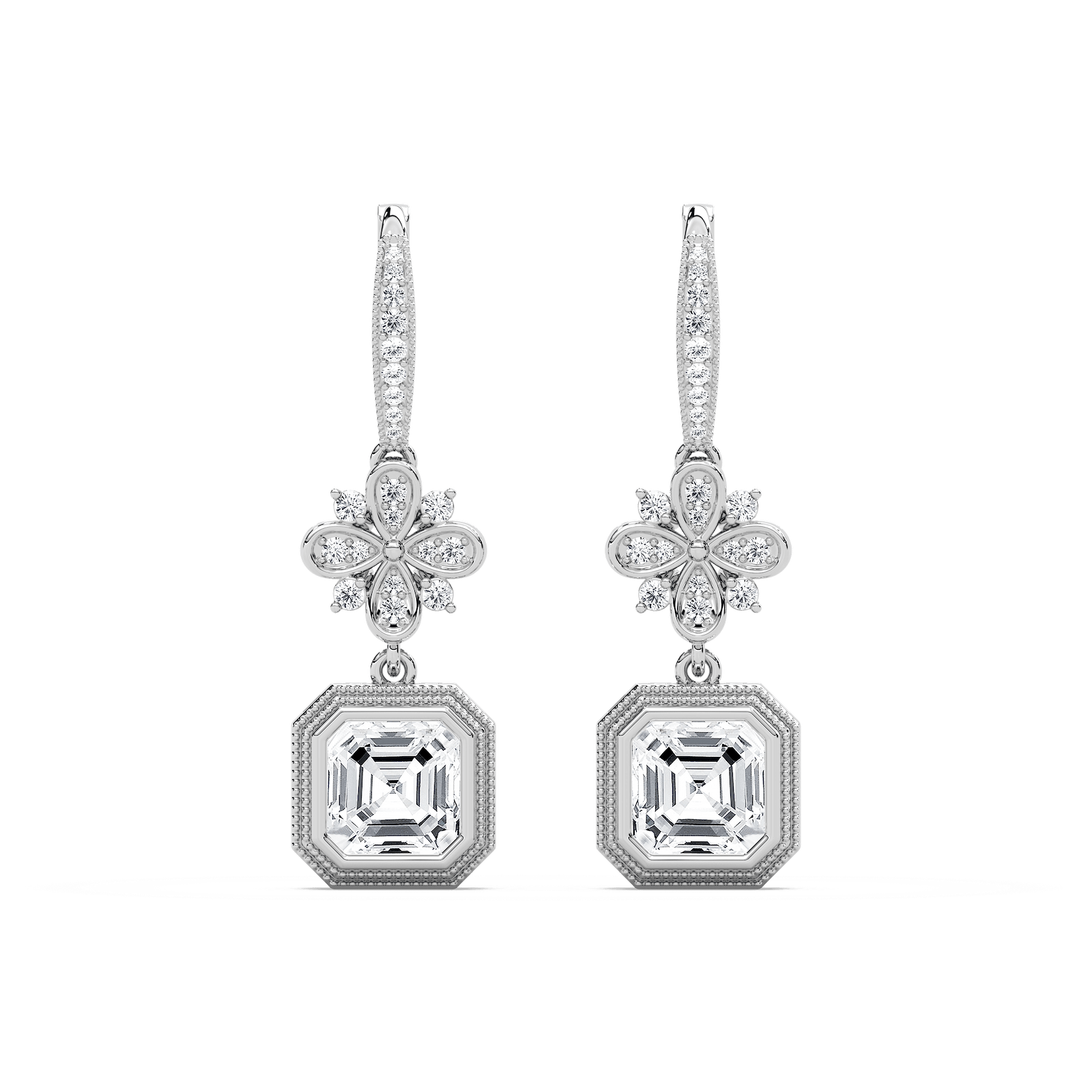 6 ²⁄₅ ctw Asscher and Round Lab Grown Diamond Vintage Floral Drop Earrings – Signature Collection