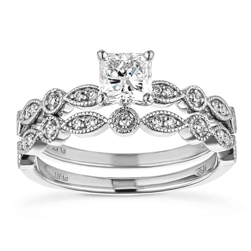 Wedding Set shown with a 1.0ct Princess Cut Lab Grown Diamond | antique Wedding Set shown with a 1.0ct Princess Cut Lab Grown Diamond