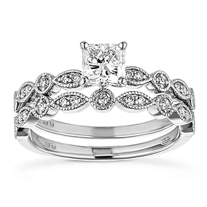 antique Wedding Set shown with a 1.0ct Princess Cut Lab Grown Diamond