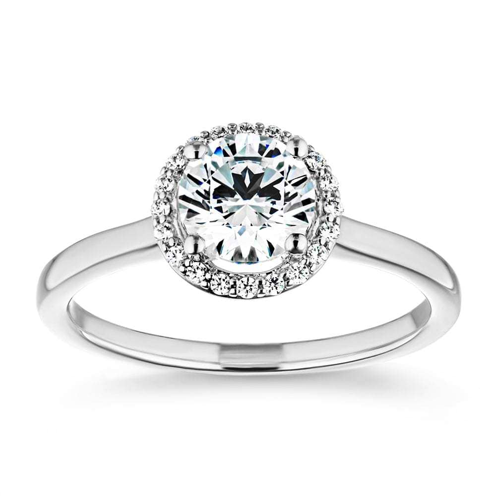 Shown with 1ct Round Cut Lab Grown Diamond in 14k White Gold|Beautiful stackable engagement ring with a diamond halo surrounding a 1ct round cut lab grown diamond in 14k white gold