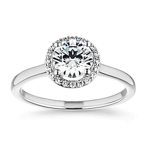 Ethical diamond halo engagement ring with a 1ct round cut lab grown diamond in 14k white gold