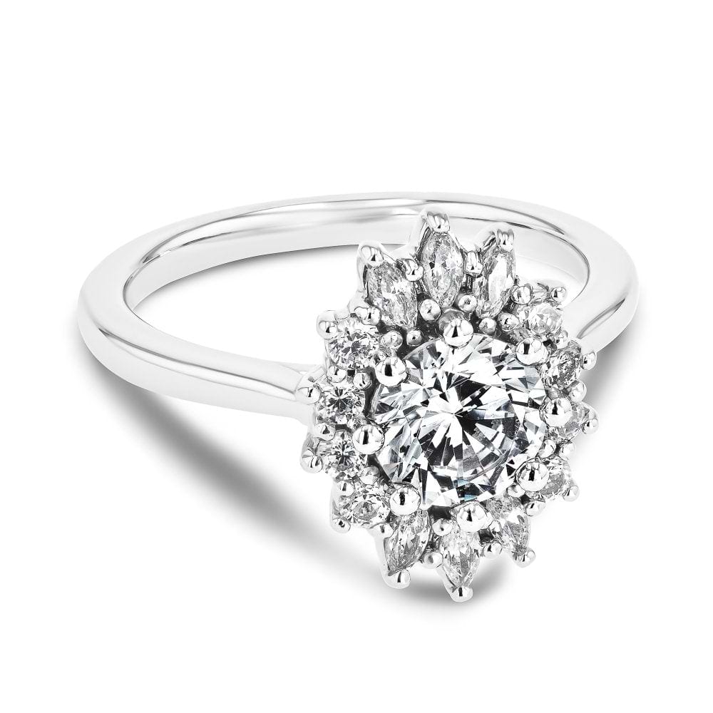 Shown here with a 1.0ct Round Cut Lab Grown Diamond center stone in 14K White Gold|shown with a 1 carat lab grown diamond center stone with a lab grown diamond floral inspired halo set in 14k white gold metal