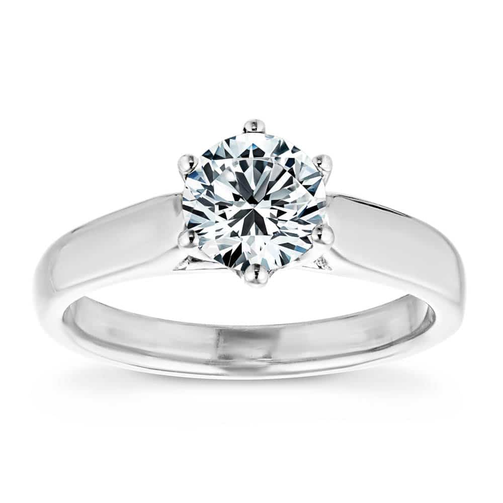 Calista Solitaire Engagement Ring shown with a 1.0ct round cut Lab-Grown Diamond in recycled 14K white gold | Calista Solitaire Engagement Ring  six prong solitaire engagement ring 1.0ct round cut lab grown diamond recycled 14k white gold