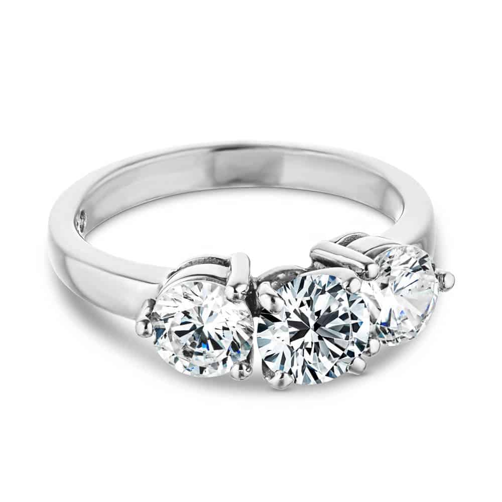 Shown with three Round Cut Lab Grown Diamonds in 14k White Gold|Three stone engagement with round cut lab grown diamonds in 14k white gold
