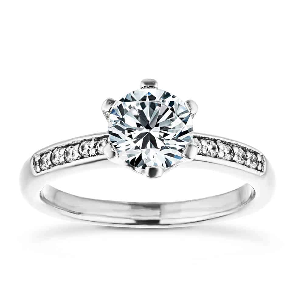 Shown with 1ct Round Cut Lab Grown Diamond in 14k White Gold|Diamond accented 6 prong engagement ring with 1ct round cut lab grown diamond in 14k white gold