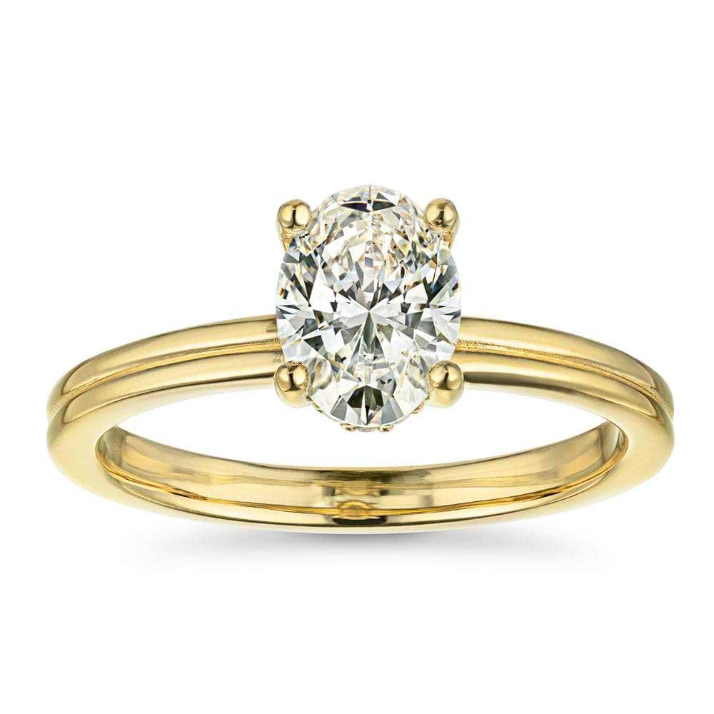 Shown with 1.5ct Oval Cut Lab Grown Diamond in 14k Yellow Gold|Beautiful hidden halo engagement ring with 1.5ct oval cut lab grown diamond in 14k yellow gold