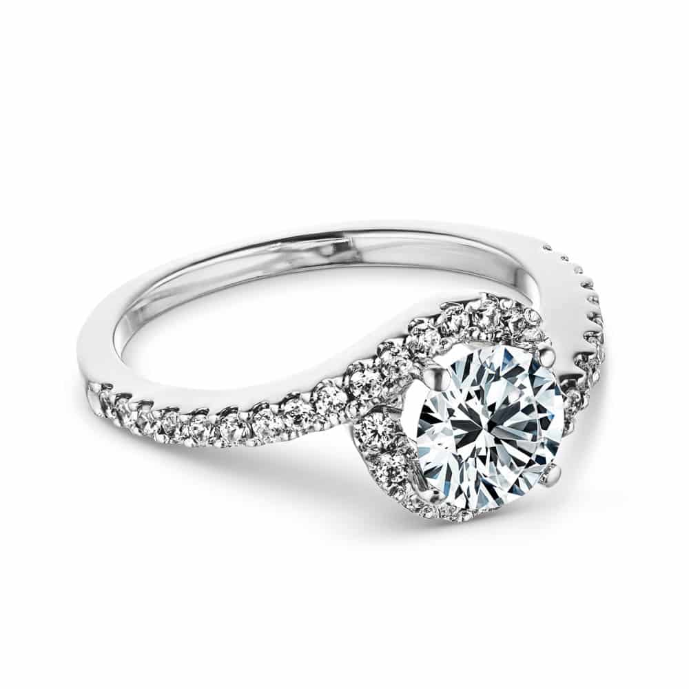 Shown with 1ct Round Cut Lab Grown Diamond in 14k White Gold|Elegant and beautiful diamond halo accented engagement ring with 1ct round cut lab grown diamond in 14k white gold
