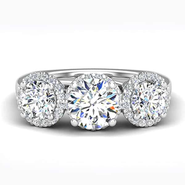 custom designed ring rendered concept of three stone ring with a halo of accented diamonds around each stone