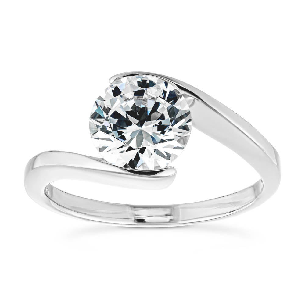 Shown with 2ct Round Cut Lab Grown Diamond in 14k White Gold|Modern minimalistic sleek engagement ring with a 2ct round cut lab grown diamond in a 14k white gold band that gives the illusion of a tension setting