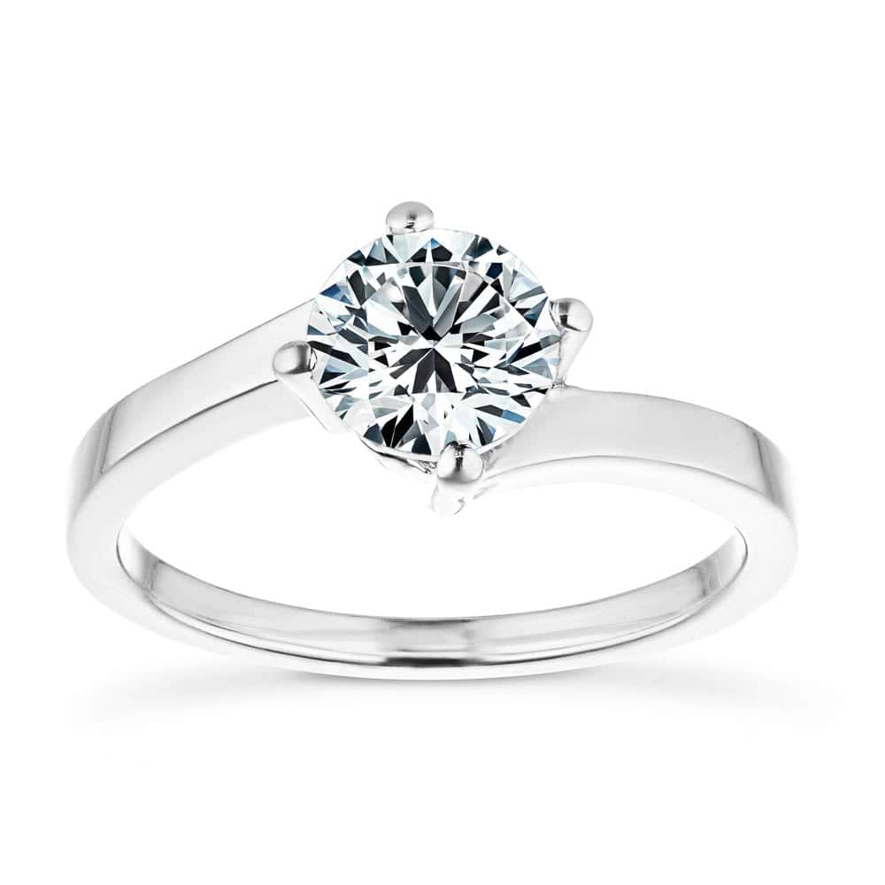 Shown with 1ct Round Cut Lab Grown Diamond in 14k White Gold|Modern simple minimalistic solitaire engagement ring with 1ct round cut lab grown diamond in 14k white gold