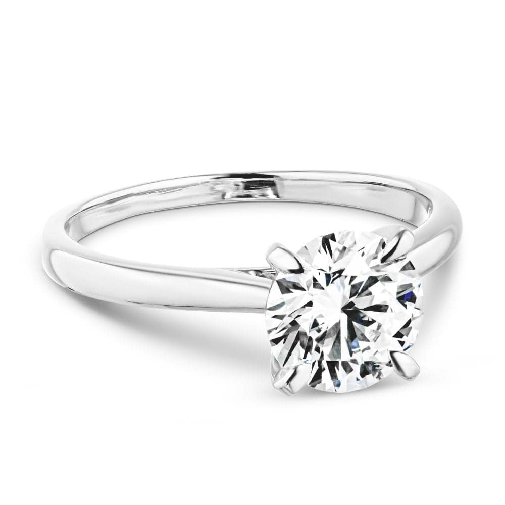Shown in 14K White Gold|white gold claw prong solitaire stackable engagement ring with lab grown diamond center stone by MiaDonna