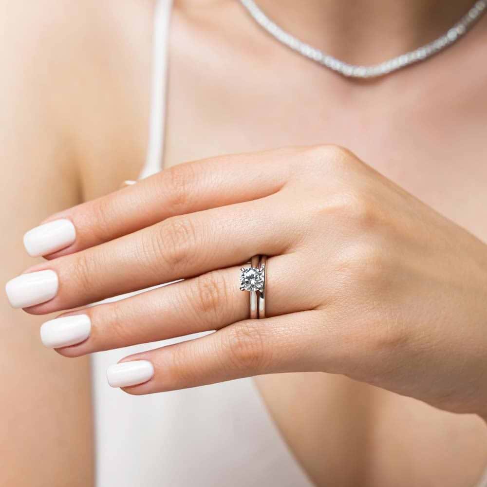 Shown in 14K White Gold|white gold claw prong solitaire stackable engagement ring with lab grown diamond center stone by MiaDonna