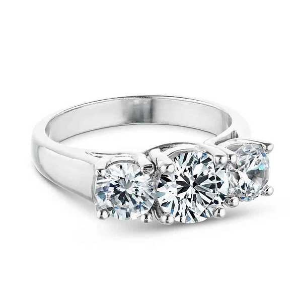 Shown with Three Round Cut Lab Grown Diamonds in 14k White Gold|Elegant three stone engagement ring with round cut lab grown diamonds in 14k white gold