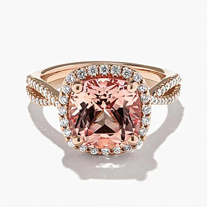 diamond accented halo engagement ring with champagne pink sapphire lab created gemstone in 14k rose gold