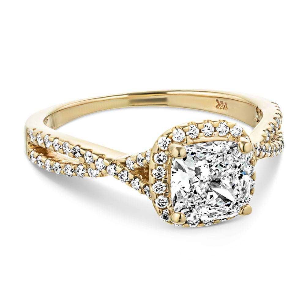 Shown with 1ct Cushion Cut Lab Grown Diamond in 14k Yellow Gold|Luxury fashion ring with accented diamond halo and split shank band set with 1ct cushion cut lab grown diamond in 14k yellow gold