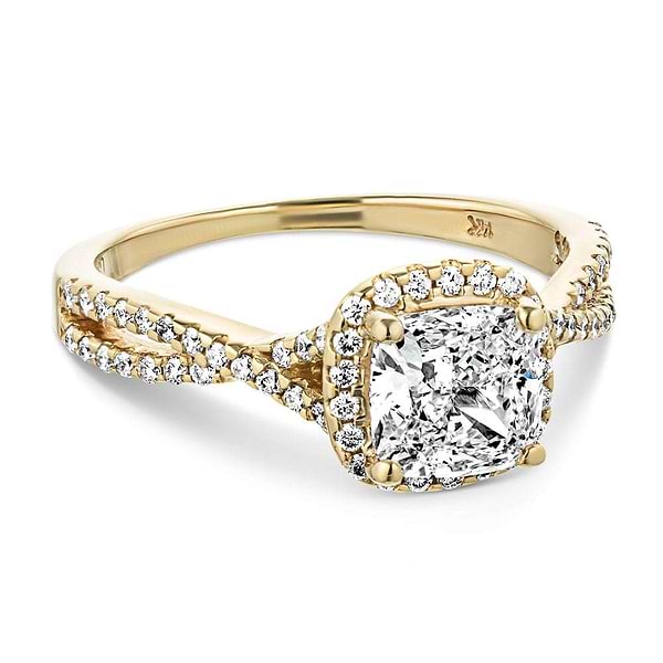 Shown with 1ct Cushion Cut Lab Grown Diamond in 14k Yellow Gold|Luxury fashion ring with accented diamond halo and split shank band set with 1ct cushion cut lab grown diamond in 14k yellow gold