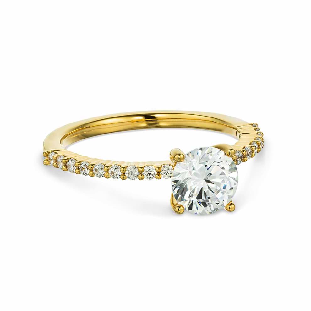 Set shown with a 1ct Round cut Lab Grown Diamond in 14k Yellow Gold|Diamond accented vintage style wedding ring set featuring 14k yellow gold engagement ring with 1ct round cut lab grown diamond