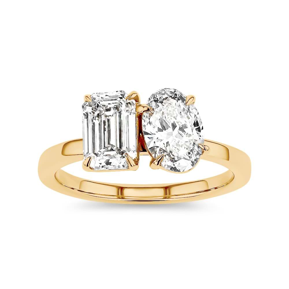 Shown In 14K Yellow Gold With An Emerald Cut and Oval Cut Lab Grown Diamond