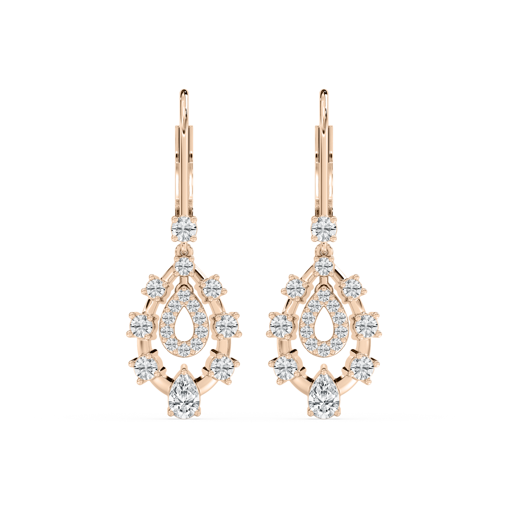Graduated Pear and Round Diamond Dangles in Rose Gold