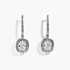 diamond halo drop earrings featuring cushion cut center stones surrounded by lab grown diamonds in white gold by MiaDonna
