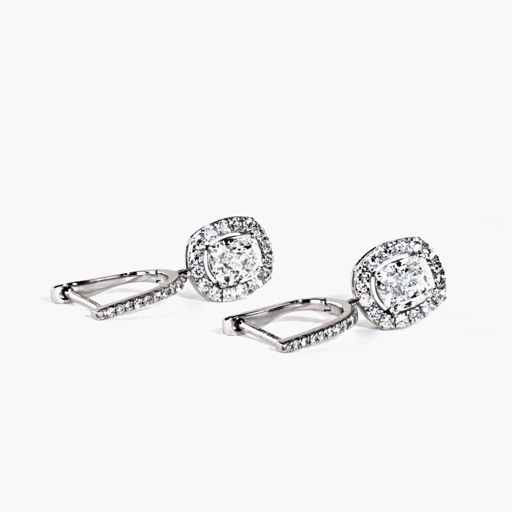 Shown in 14K White Gold|diamond halo drop earrings featuring cushion cut center stones surrounded by lab grown diamonds in white gold by MiaDonna