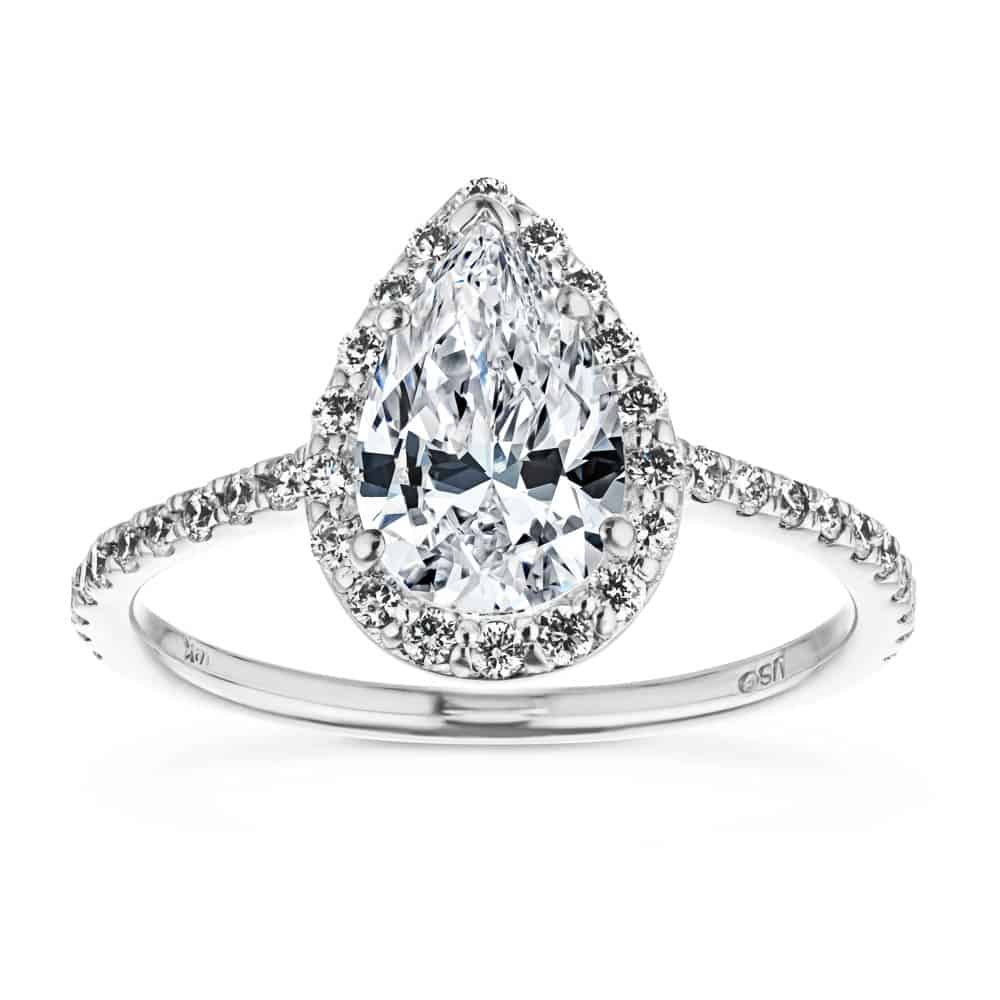 Shown In 14K White Gold With A Pear Cut Center Stone