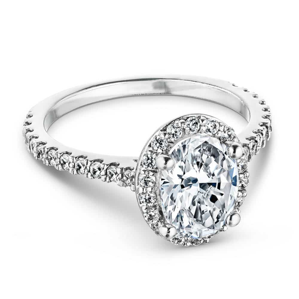 Shown In 14K White Gold With An Oval Cut Center Stone|halo accented diamond ring with an oval cut lab grown diamond center stone