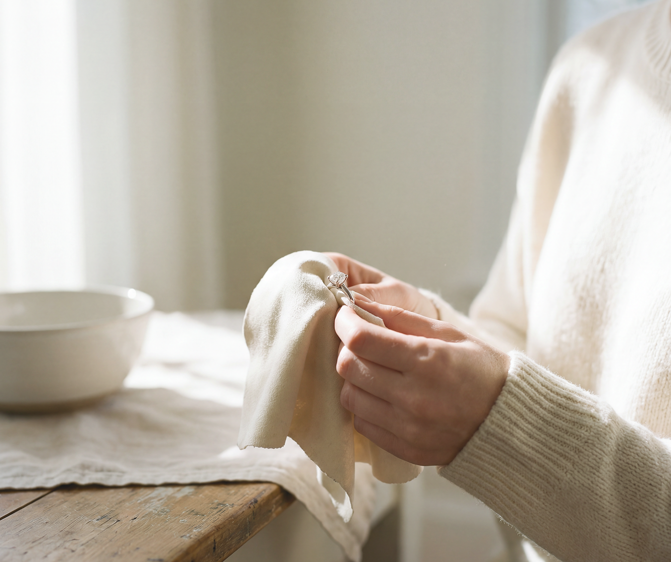 Woman cleaning her lab-grown diamond engagement ring with a soft cleaning cloth