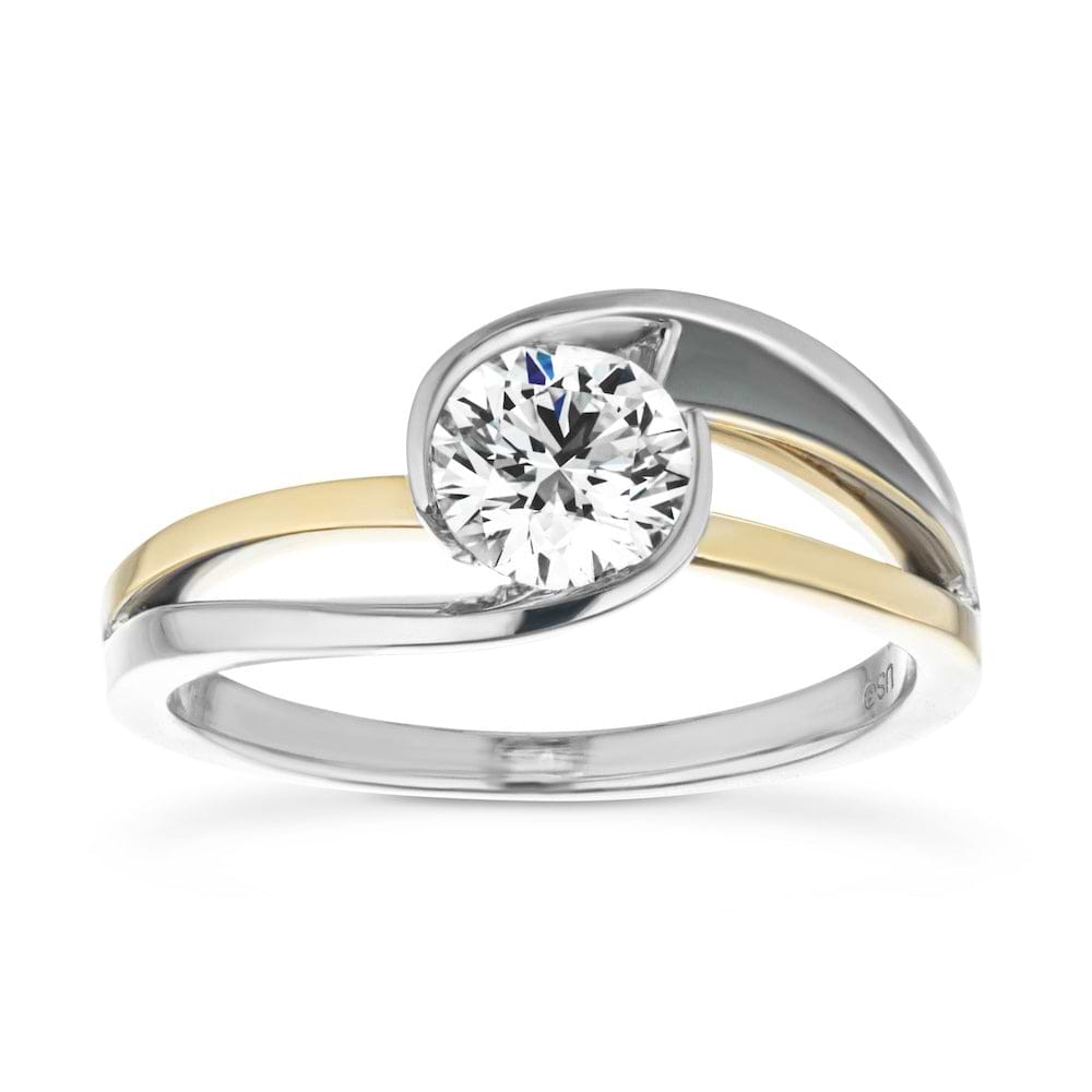 Shown with 1ct Round Cut Lab Grown Diamond in Two Tone 14k White & Yellow Gold|Modern two tone engagement ring with 1ct round cut lab grown diamond in a split shank 14k white gold and 14k yellow gold setting