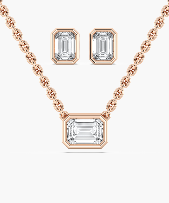 Emerald Cut Bezel Pendant and Earrings Set in Rose Gold | Miadonna