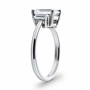 Basket set three stone ring with lab grown diamonds in 14k white gold shown from side