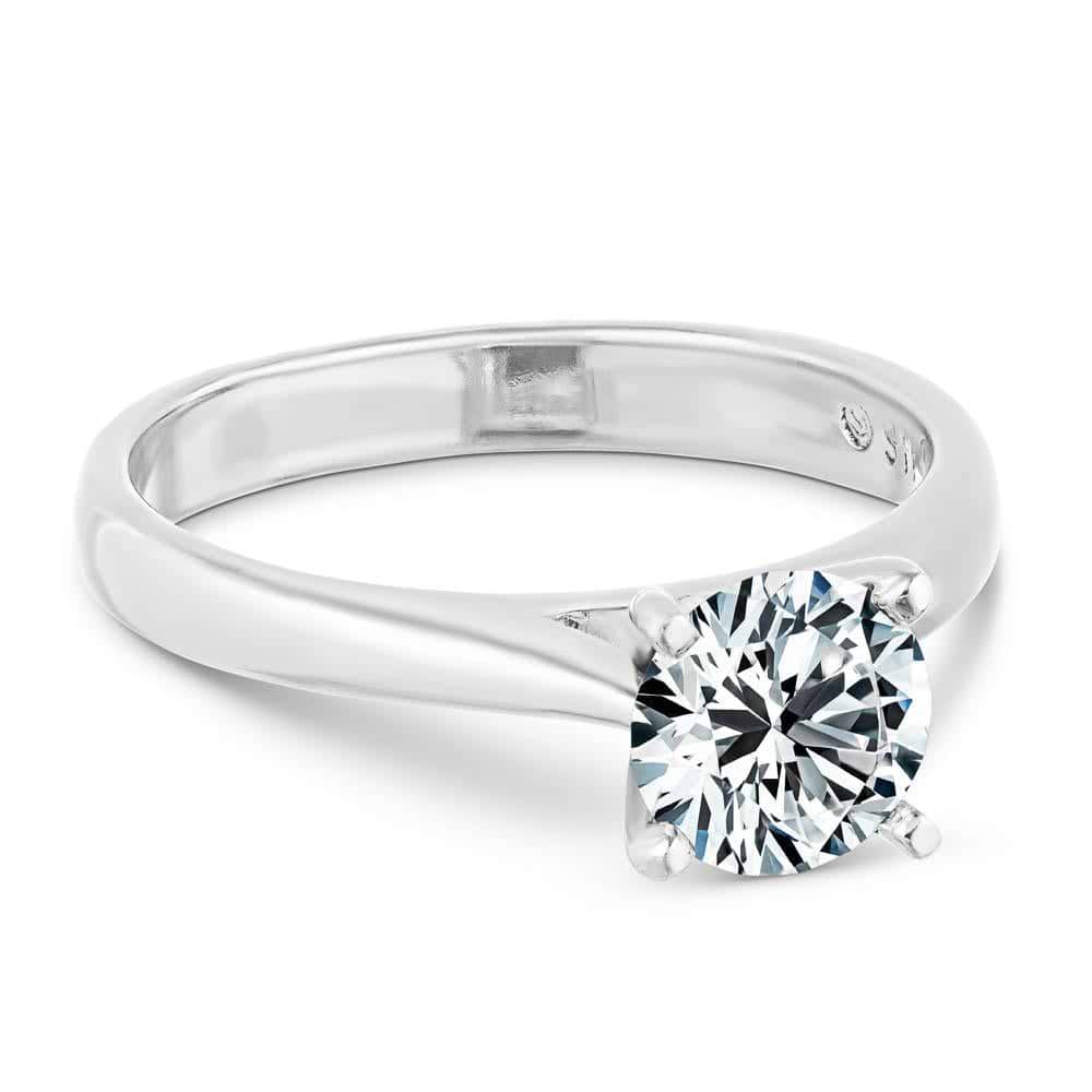 Shown In 14K White Gold With A Round Cut Center Stone|solitaire cathedral style ring set with a round cut lab grown diamond center stone