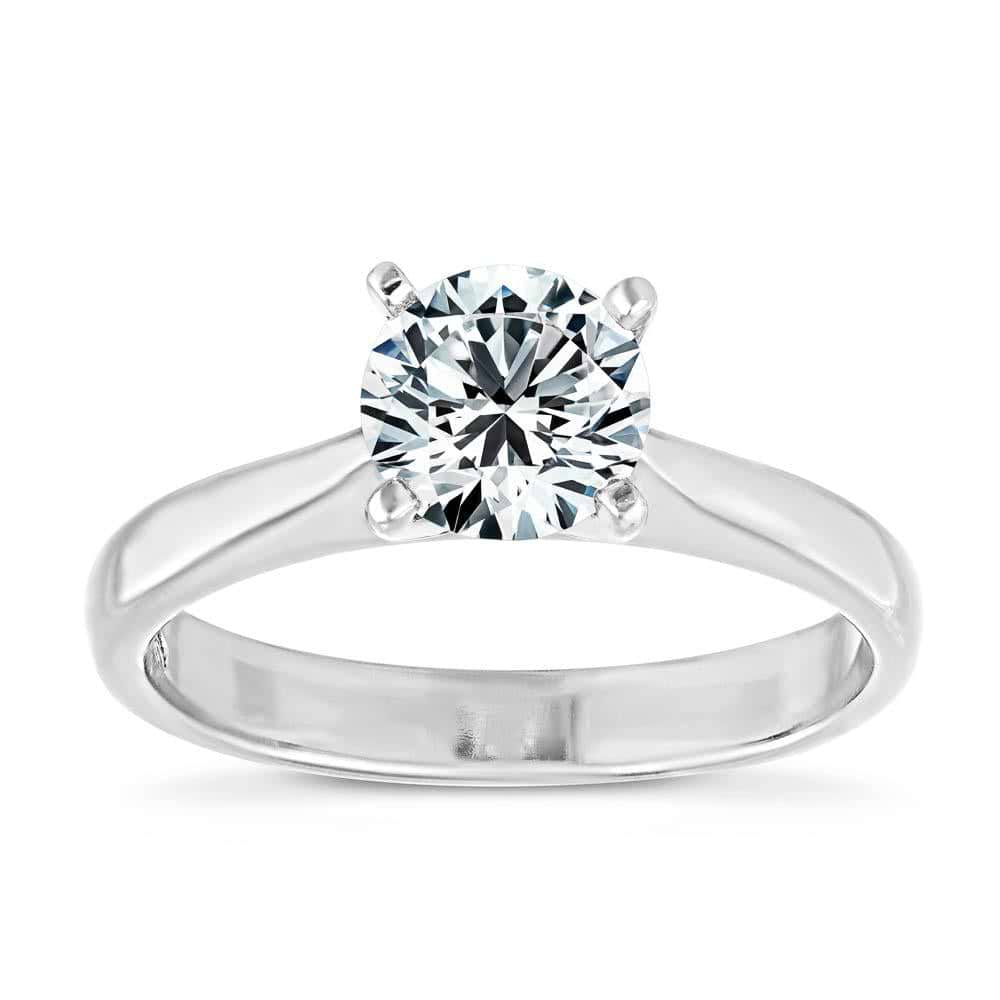 Shown In 14K White Gold With A Round Cut Center Stone|solitaire cathedral style ring set with a round cut lab grown diamond center stone