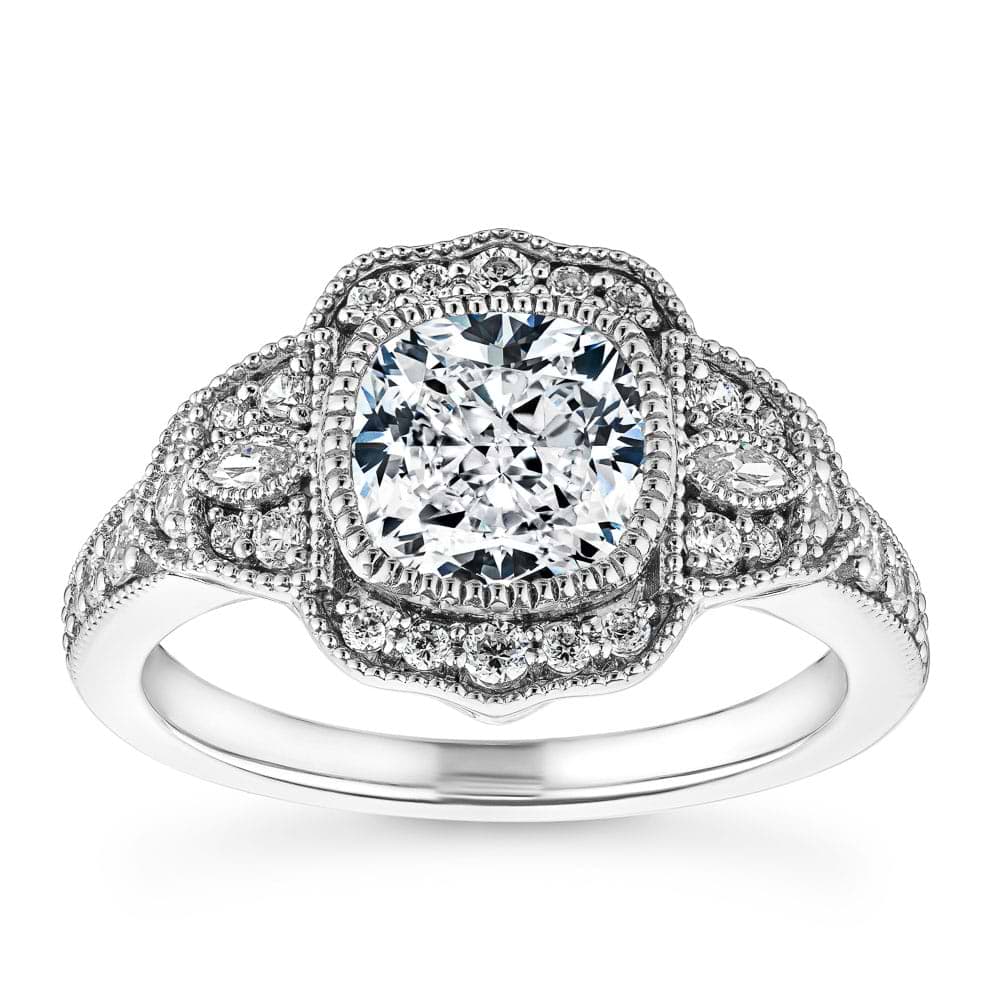 Shown with 1ct Cushion Cut Lab Grown Diamond in 14k White Gold|Unique antique style diamond accented halo engagement ring with 1ct cushion cut lab grown diamond in 14k white gold