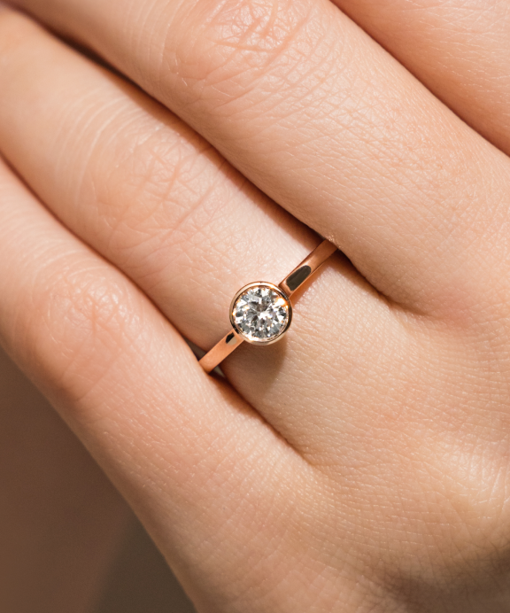 Pear Cut lab grown diamond bezel style engagement ring