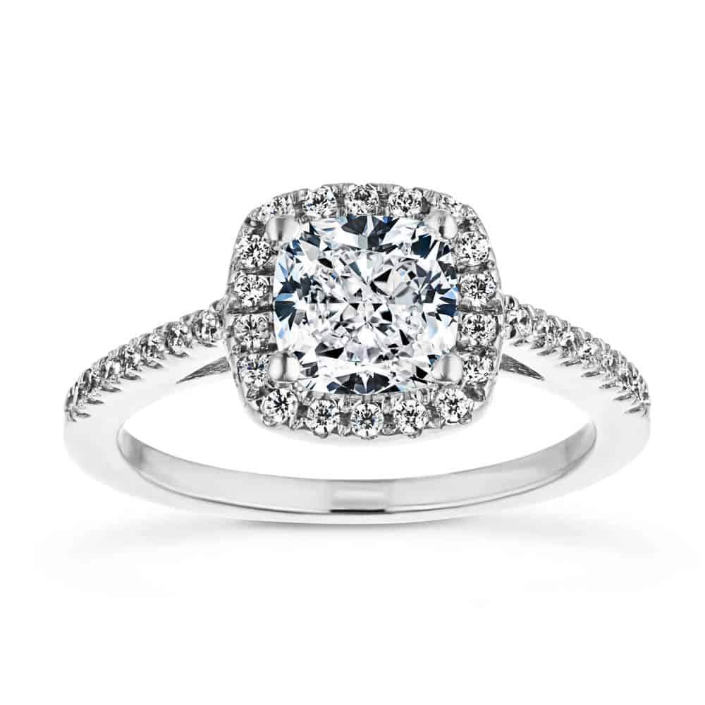 Shown with 1ct Cushion Cut Lab Grown Diamond in 14k White Gold|Vintage style diamond accented cushion shaped halo engagement ring with 1ct lab grown diamond in 14k white gold setting