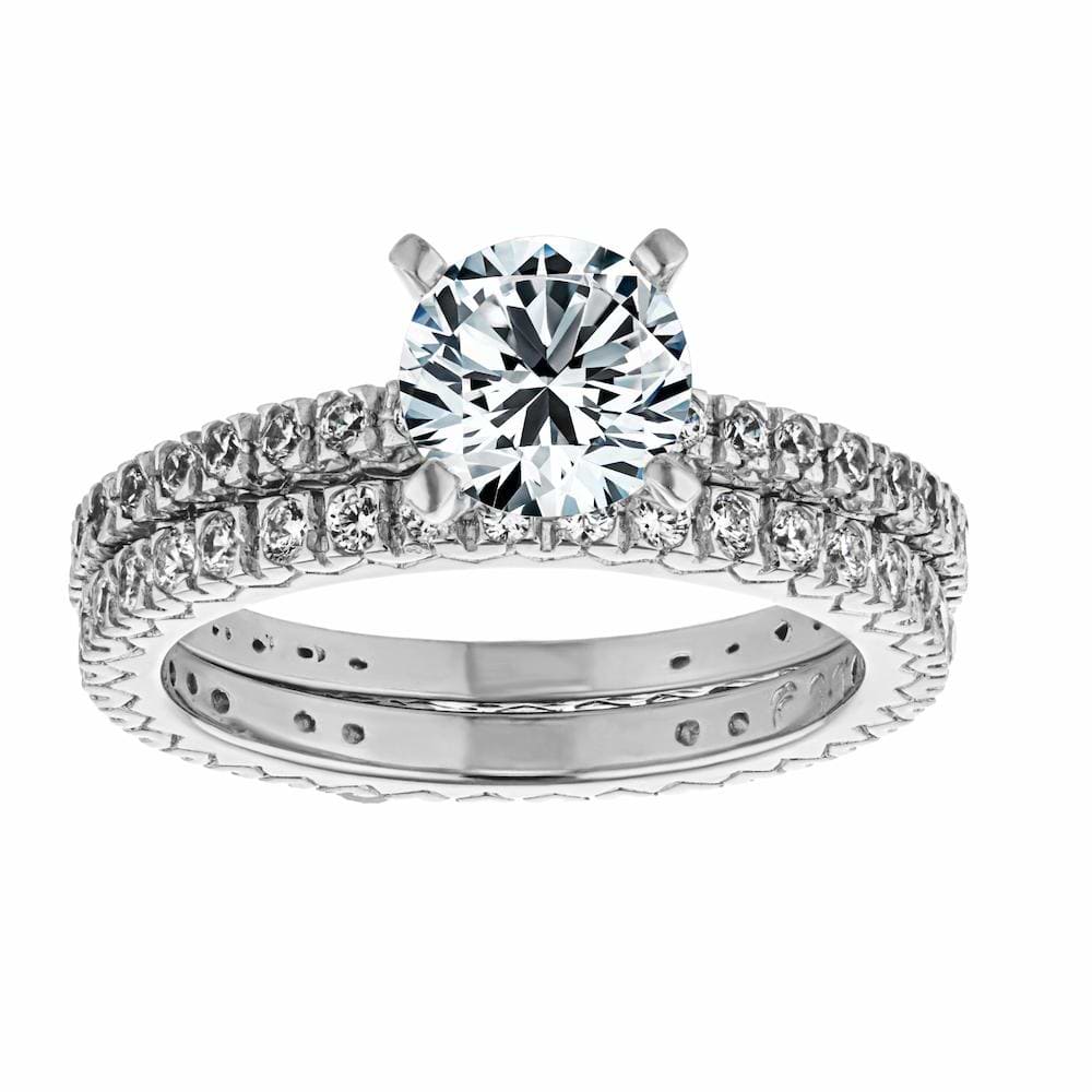 Marilyn Engagement Ring shown with a 1.0ct radiant cut Lab-Grown Diamond with recycled diamonds that go approximately 3/4 around the slightly squared band in recycled 14K white gold. Wedding band can be purchased together at a discount. | engagement ring 1.0ct radiant cut Lab-Grown Diamond recycled 14K white gold