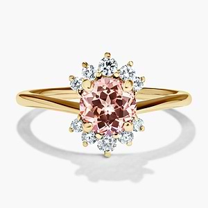 floral design halo engagement ring with accenting lab grown diamonds and a pink champagne sapphire center stone by MiaDonna